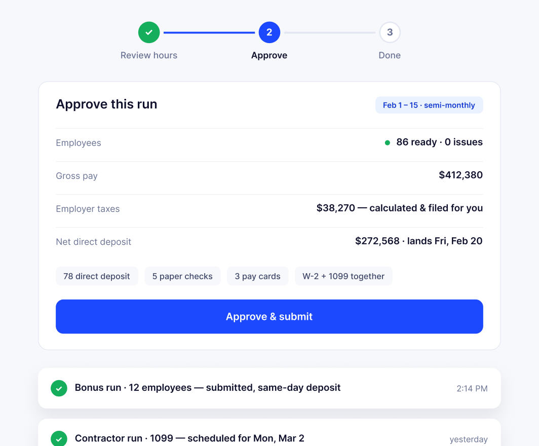 Step-by-step payroll run with pay period and employee pay amounts